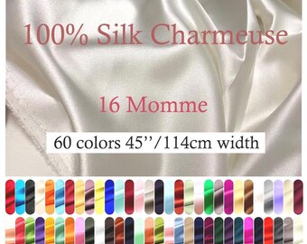 100% Silk Charmeuse Fabric 16mm 36 Colors Silk Satin Fabric by the Yard for Dressmaking, Silk Pillowcase Fabric