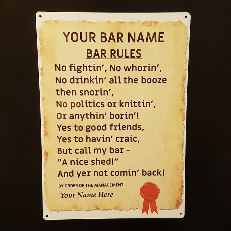 Funny Bar Rules Custom Made Personalised Home Bar Sign Etsy UK