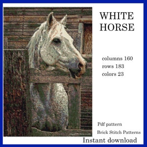 May include: A digital cross-stitch pattern featuring a white horse with a speckled coat, peeking over a wooden fence. The text "WHITE HORSE" is displayed, along with pattern details: 160 columns, 183 rows, and 23 colors. Instant download.