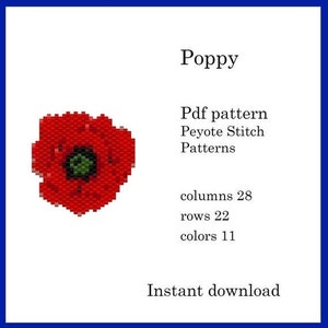 Patrón de cuentas de amapola peyote, patrón de cuentas de amapola peyote 11/0 Miyuki Delica, peyote pequeño, descarga digital en PDF