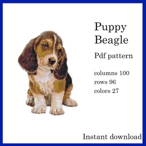 Op de afbeelding: Een digitaal PDF-patroon voor een Beagle-puppy. De afbeelding is een gepixelde illustratie van een Beagle-puppy in bruin, wit en zwart. De tekst luidt "Puppy Beagle", "Pdf pattern" en "Instant download". Het patroon heeft 100 kolommen, 96 rijen en 27 kleuren.