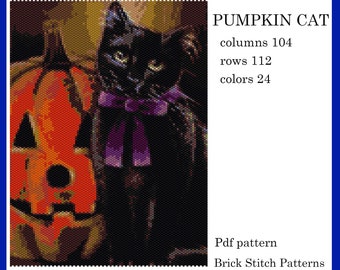 Kat met pompoen Halloween, rijgpatroon Peyote-rijgpatroon met steensteek met Miyuki Delica 11/0 rocailles, digitale download