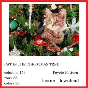 Cat In The Christmas Tree peyote, Pattern for Christmas time Miyuki Delica pattern, even peyote stitch, beadwork, PDF DIGITAL DOWNLOAD