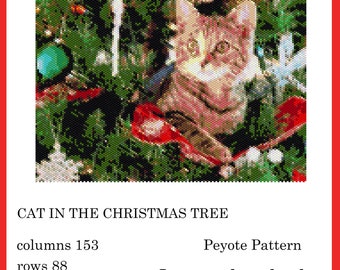 Kat in de kerstboom Gedetailleerd Peyote-kralenpatroon met steensteek met Miyuki Delica 11/0 rocailles, eenvoudige digitale download