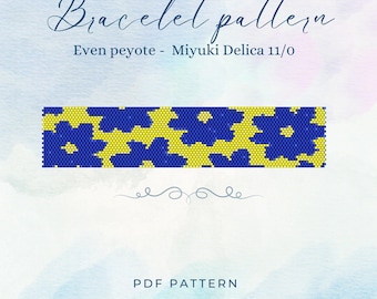 Könnte beinhalten: Ein digitales PDF-Muster für ein Armband mit einem Blumenmuster in Blau und Gelb. Der Text lautet "Bracelet pattern" und "Even peyote - Miyuki Delica 11/0". Das Muster stammt von Angel Pattern.