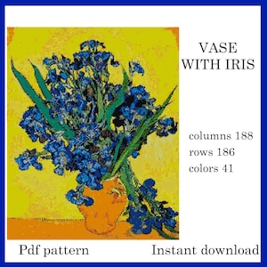 Może przedstawiać: Wzór haftu krzyżykowego przedstawiający martwą naturę kwiatową, z niebieskimi irysami w pomarańczowym wazonie na żółtym tle. Wyświetlany jest tekst "VASE WITH IRIS", a także "Pdf pattern" i "Instant download". Wzór ma 188 kolumn, 186 rzędów i 41 kolorów.