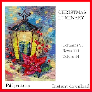 May include: A digital beading pattern for a Christmas luminary with a red poinsettia, a lantern, and a starry night sky. The pattern is 93 columns by 111 rows and uses 44 colours. The text "CHRISTMAS LUMINARY" is at the top of the image. The text "Pdf pattern" is at the bottom left of the image. The text "Instant download" is at the bottom right of the image.