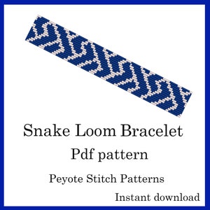May include: A blue and white peyote stitch loom bracelet pattern. The pattern is for a snake loom bracelet. The text on the image reads "Snake Loom Bracelet Pdf pattern Peyote Stitch Patterns Instant download".