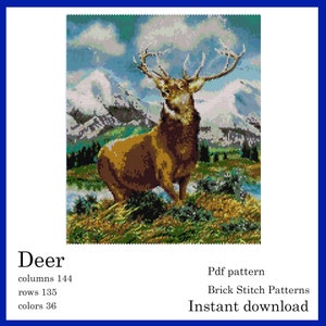 May include: A digital PDF pattern for a brick stitch design featuring a deer with large antlers set against a backdrop of mountains, trees, and a cloudy sky. The pattern is labelled "Deer" and is an instant download.