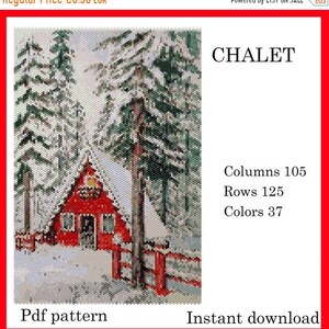 Può includere: Uno schema di perline per un chalet innevato con accenti rossi, circondato da pini. Lo schema è di 105 colonne per 125 righe e utilizza 37 colori. Il testo "CHALET" è in alto nell'immagine.