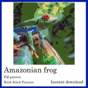May include: A digital illustration of a green and blue Amazonian frog with red eyes, surrounded by green leaves. The image is a beading pattern for a brick stitch project.