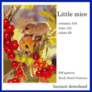 Puede incluir: Un patrón PDF digital para punto de ladrillo con dos ratones entre bayas rojas y follaje. La imagen incluye el texto "Little mice", con detalles sobre columnas, filas y colores. Descarga instantánea.