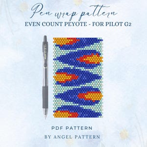 Könnte beinhalten: Ein Pen-Wrap-Muster für Pilot G2 Stifte. Das Design zeigt ein Muster aus blauen, orangefarbenen und weißen Perlen. Der Text auf dem Bild lautet "Pen wrap pattern" und "Even count peyote - for Pilot G2". Das Muster ist ein PDF-Muster von Angel Pattern.