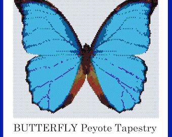 May include: A digital PDF pattern for a butterfly peyote tapestry. The butterfly design features light blue wings with a detailed pattern, outlined in dark brown. The text reads "BUTTERFLY Peyote Tapestry Pdf pattern Instant download".
