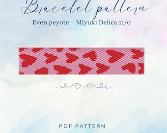 Könnte beinhalten: Ein digitales Armbandmuster mit rosa Hintergrund und rotem Herzdesign. Der Text "Bracelet pattern" steht oben, darunter "Even peyote - Miyuki Delica 11/0". Der untere Teil des Bildes lautet "PDF PATTERN BY ANGEL PATTERN."