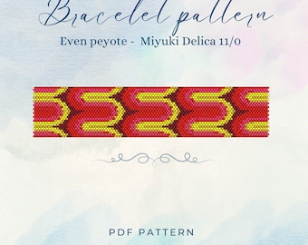 Könnte beinhalten: Ein Armbandmuster mit einem sich wiederholenden Design aus roten, gelben und rosa Perlen. Der Text "Bracelet pattern" steht oben, darunter "Even peyote - Miyuki Delica 11/0". Der untere Teil des Bildes lautet "PDF PATTERN BY ANGEL PATTERN."