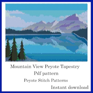 Könnte beinhalten: Ein digitales Muster für eine Peyote-Stickerei-Wandteppich, das eine Bergsicht mit einem See zeigt, der die Berge reflektiert. Die Berge sind lila und blau, der See ist blau und der Himmel ist hellblau. Das Muster steht zum sofortigen Download bereit.