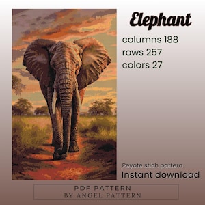 Può includere: Un modello PDF digitale per un punto Peyote con un elefante che cammina su un sentiero. L'immagine mostra l'elefante in un ambiente naturale con un cielo al tramonto. Il modello ha 188 colonne, 257 righe e 27 colori.