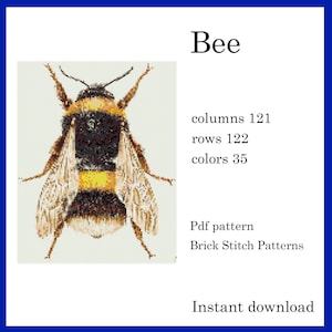 Könnte beinhalten: Ein Kreuzstichmuster einer Biene mit schwarzen, gelben und braunen Streifen. Das Muster ist 121 Spalten breit und 122 Reihen hoch und verwendet 35 Farben. Das Muster ist als PDF-Download verfügbar.