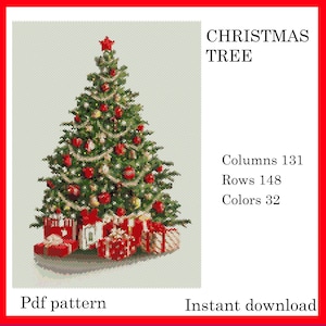 May include: A cross-stitch pattern of a Christmas tree with red baubles, gold tinsel, and presents at the base. The pattern is 131 columns by 148 rows and uses 32 colours. The text "CHRISTMAS TREE" is in the top right corner of the image.