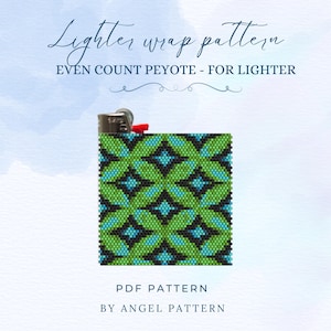 Può includere: Un modello PDF per un involucro per accendino. Il design presenta un motivo geometrico in perline verdi, nere e blu. Il testo recita "Lighter wrap pattern" e "Even count peyote - for lighter". Il modello è di Angel Pattern.