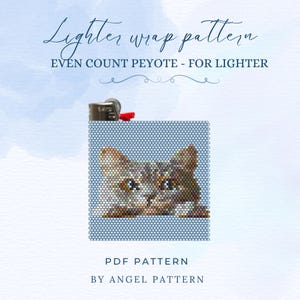 May include: A blue and white beaded lighter wrap pattern featuring a cat face design. The text reads "Lighter wrap pattern" and "Even count peyote - for lighter". The pattern is a PDF pattern by Angel Pattern.