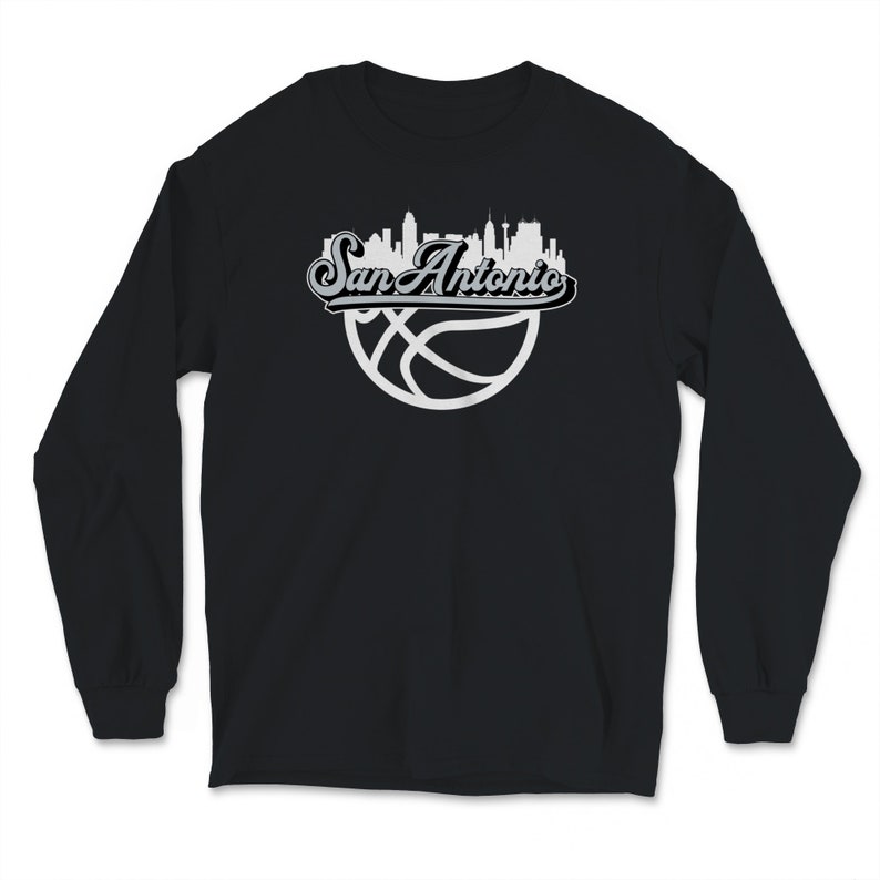 San Antonio Texas Basketball Fan City Skyline Classic Script Long Sleeve T-Shirt