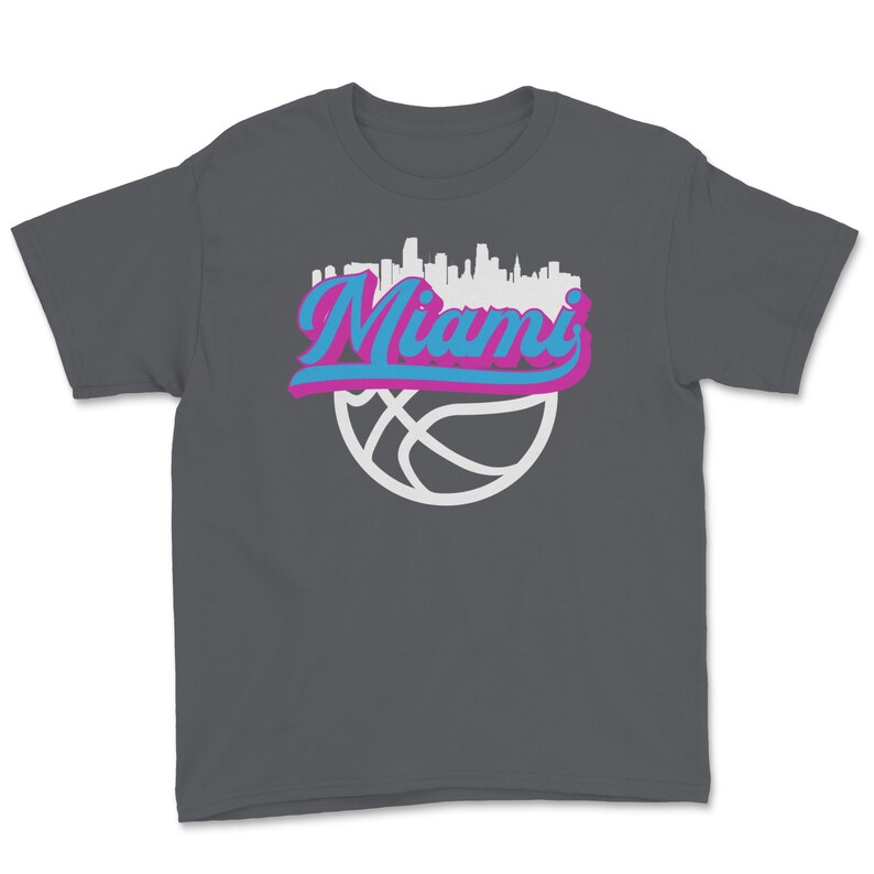 Miami Florida Basketball Fan City Skyline Classic Script Retro Youth Tee
