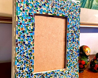 Blue Mosaic Glass Tile Frame Multi Blue Shades Mosaic Tile Etsy