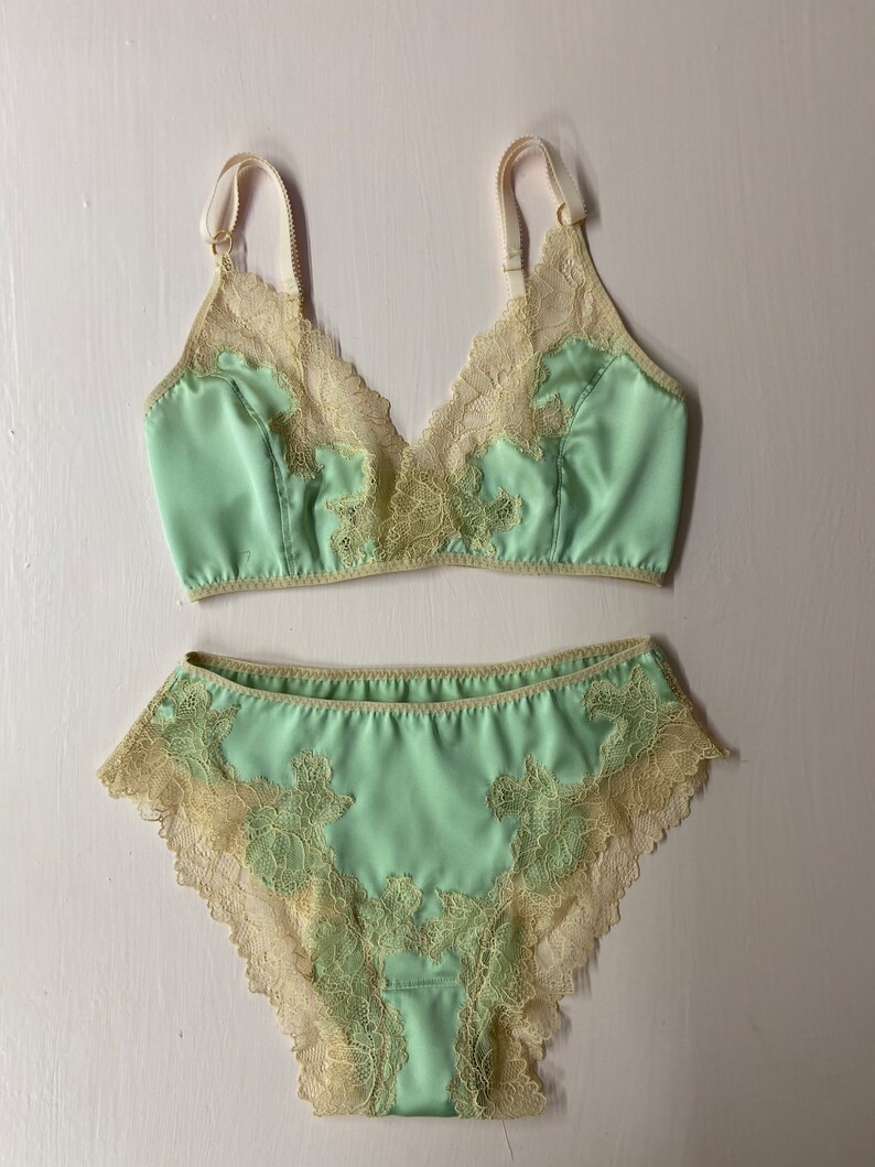 Sage Green Silk Low Waist Knickers With Cream Lace Etsy
