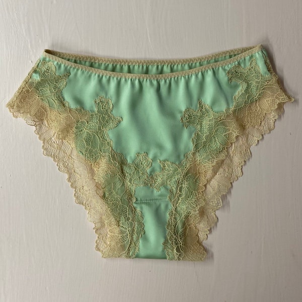 Sage green silk low waist knickers with cream lace