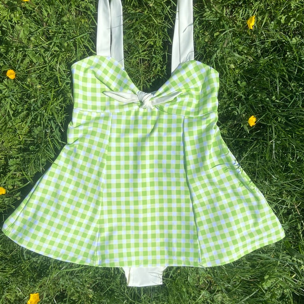 Apple green Gingham Swimdress/ Retro one piece swimwear made from ethical fabrics