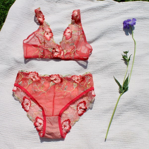 Embroidered lace lingerie/ red embroidered tulle bralette and knickers