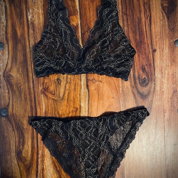 Black Sparkly Soft Lace Lingerie Set/ Black and Gold Lace Bralette and Low  Waist Lace Knickers/ Bespoke Sparkly Underwear 