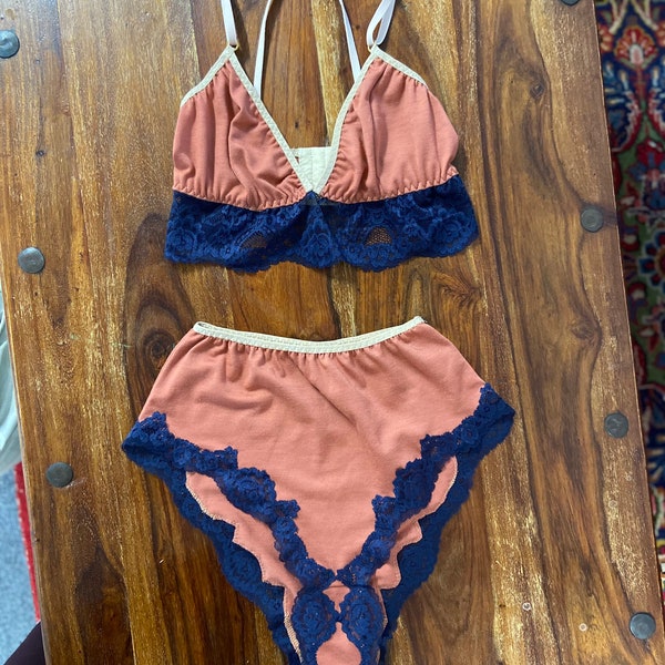 Terracotta and navy Merino wool lingerie set/ handcrafted lingerie from natural fibers