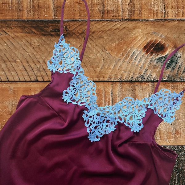 Burgundy silk Camisole with blue Macrame Lace/ handcrafted silk lingerie