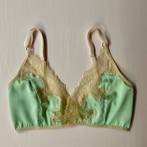 Silk sage colored bralette with cream lace / Handmade silk lingerie