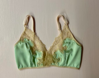 Silk sage colored bralette with cream lace / Handmade silk lingerie