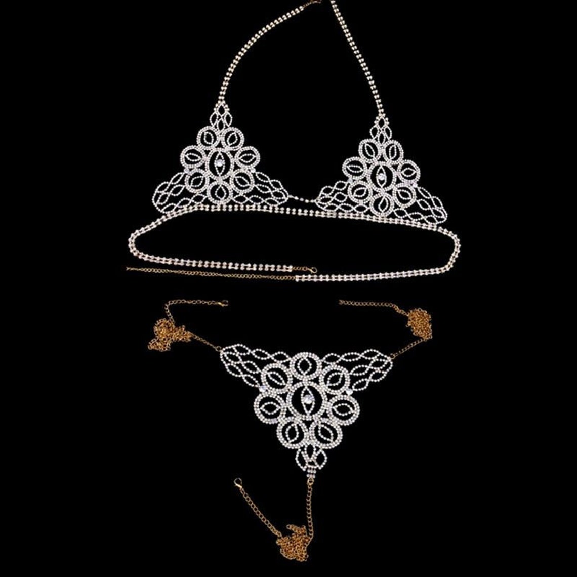 Gold Rhinestone Bralette Panties Body Chain Jewelry for Women Etsy