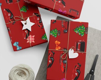 May include: Red wrapping paper with a repeating pattern of Christmas trees, red race cars, and bows. The paper is wrapped around a gift box with a brown twine bow and a white heart-shaped tag.