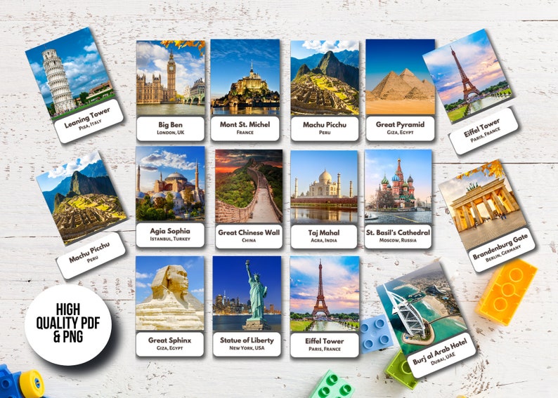 50 Famous Landmarks Flashcards World Wonders Cards Printable | Etsy