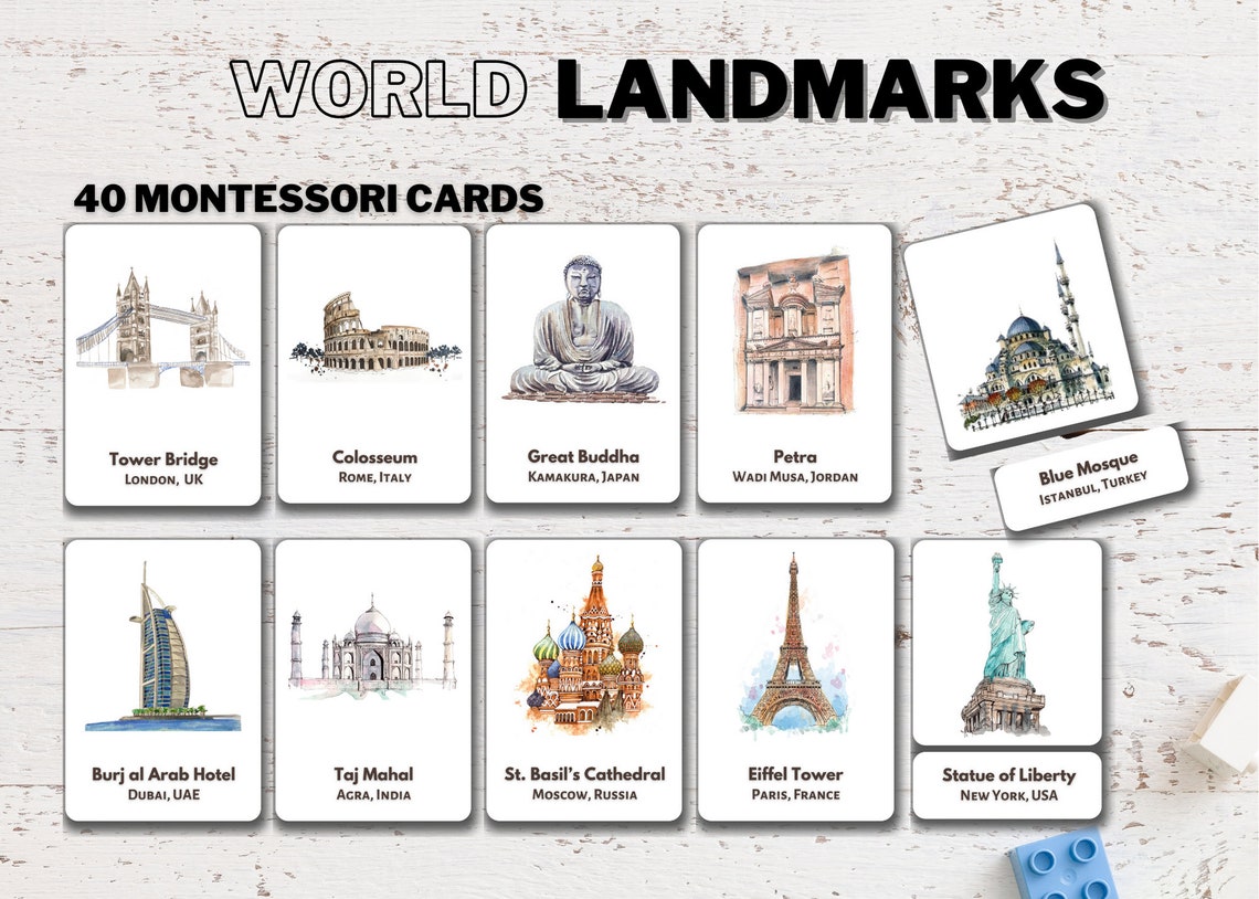 40 World Famous Landmarks Flashcards Watercolor Printable | Etsy