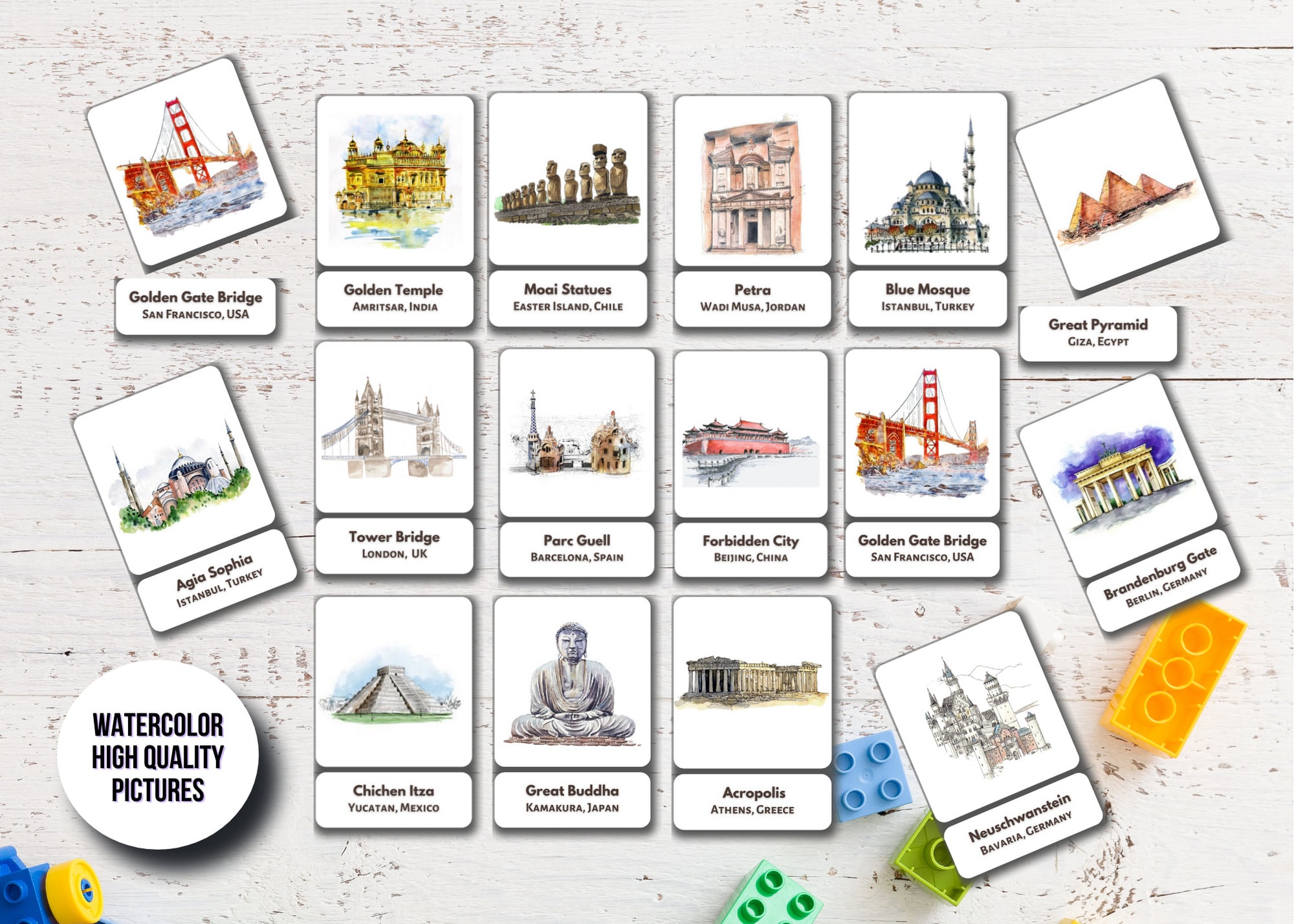 40 World Famous Landmarks Flashcards Watercolor Printable | Etsy
