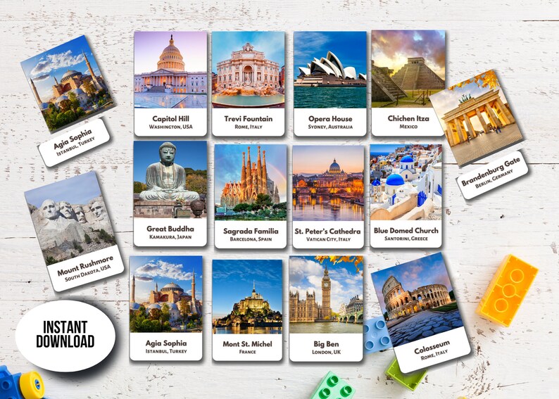 50 Famous Landmarks Flashcards World Wonders Cards Printable | Etsy