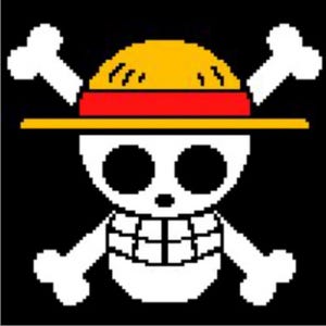 May include: A pixel art graphic featuring a white skull with large circular eye sockets and a grid-like jaw, wearing a yellow straw hat with a red band. Behind the skull are two crossed white bones, all set against a solid black background.