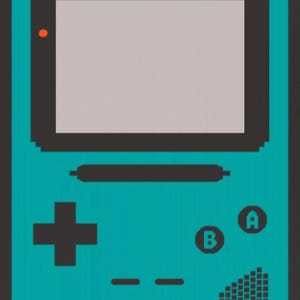 May include: A pixelated illustration of a handheld gaming device. The device features a teal body with a gray screen, black borders, and black buttons. The buttons include a directional pad, A and B buttons, and a speaker. A small orange dot is visible.