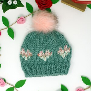 Candy Hearts Knit Winter Beanie, Custom Made, choose your own colors, Valentine&#39;s hat