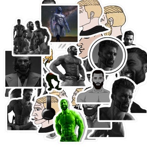 May include: A collection of stickers featuring various images of men, including a muscular man with headphones, a man with a beard, and a man with a green body. The stickers are printed on white paper and have a glossy finish.