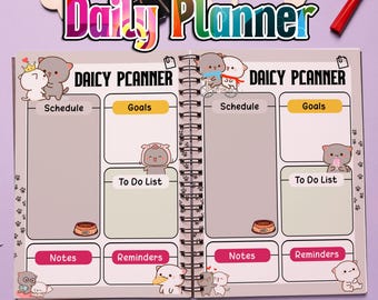 All-in-One Daily Planner, Peach and Goma Cute Lovely Cat Couple Daily Journal, ADHD Brain Dump Template, Printable A4 A5 Size