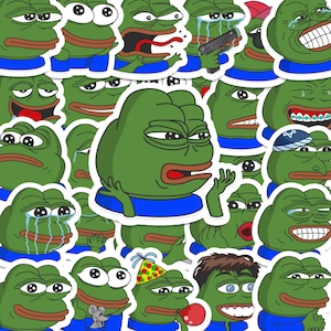 Op de afbeelding: Een verzameling groene kikker stickers met verschillende uitdrukkingen, waaronder huilen, glimlachen en fronsen. De stickers zijn allemaal in cartoon stijl en hebben witte contouren.